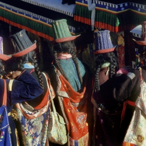 Ladakhi women wearing traditional SILK EMBROIDERED TALL HATS, TIKSE Monastery Masked Dances - LADAKH, INDIA