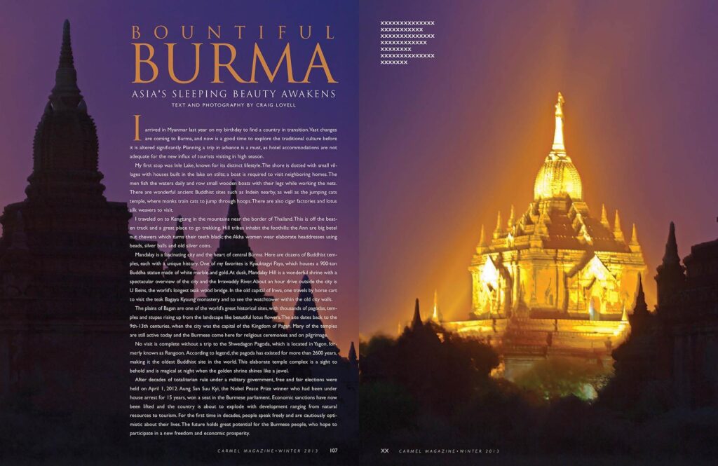 Article on Burma published in Carmel Magazine with photography by Craig Lovell