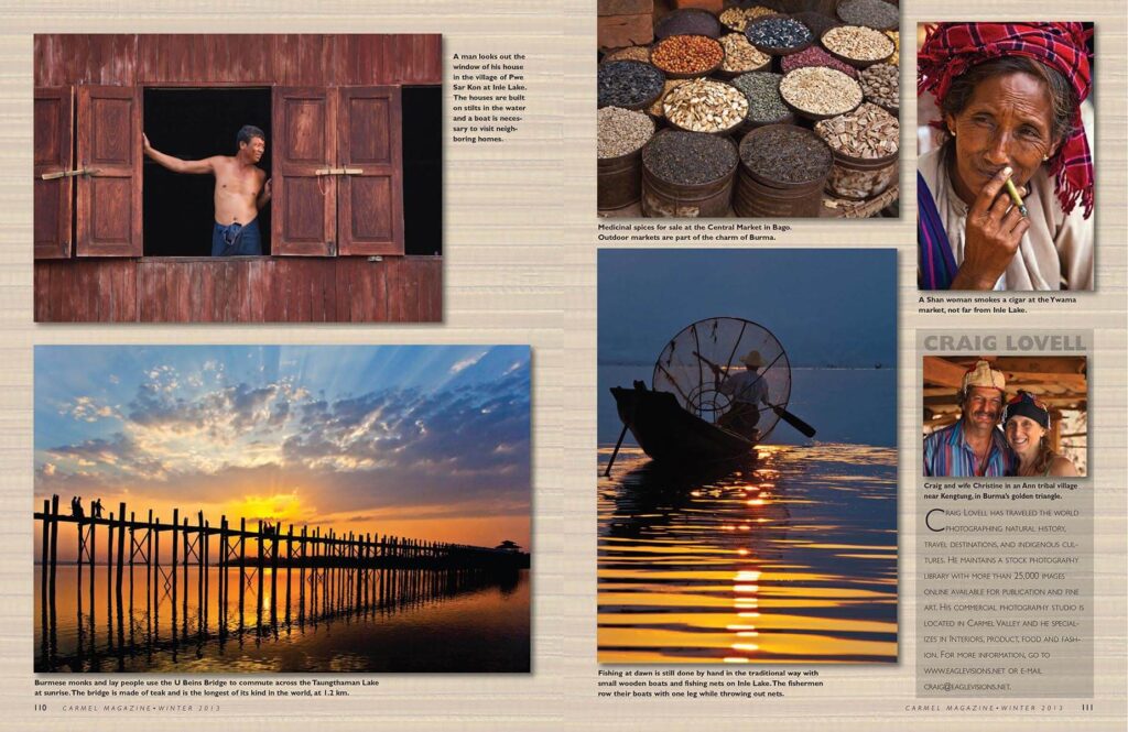 Multi image layout on Burma published in Carmel Magazine with photography by Craig Lovell