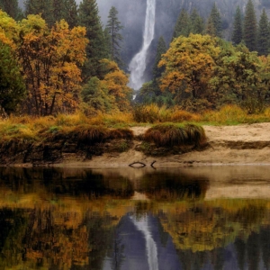 This photo of lower Yosemite falls with autumn colors is part of a gallery which includes waterfalls from around the world, Iguazu falls, Victoria falls, Burney falls, Deer Creek falls, Niagra falls, Salto Grande, Nevada falls, Vernal falls such as Routeburn falls, Treat falls and Soleduck falls.