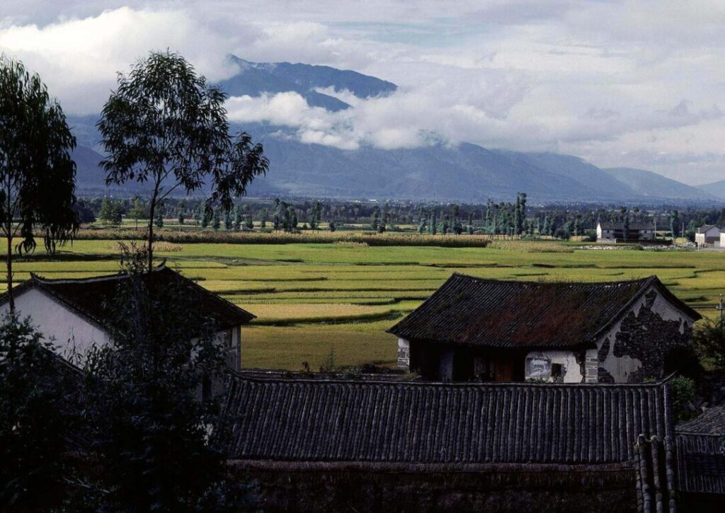 RICE FIELDS stretch out behind FARM HOUSES near the rural farming town of DALI - YUNNAN, CHINA