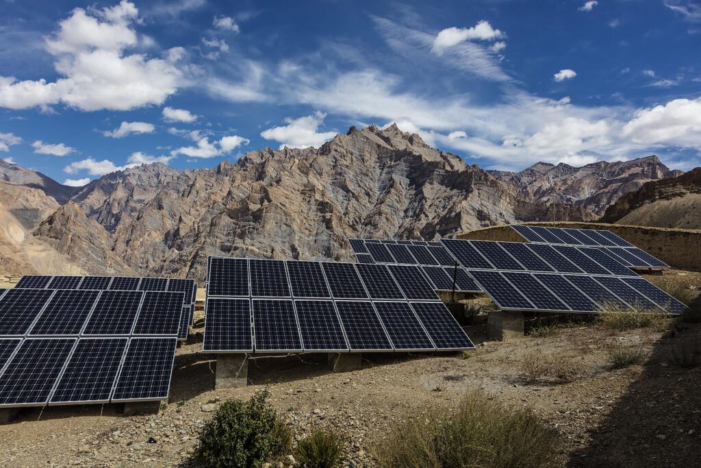 SOLAR PANELS create electricity for NYERAK VILLAGE located in the ZANSKAR RIVER GORGE - ZANSKAR, LADAKH, INDIA