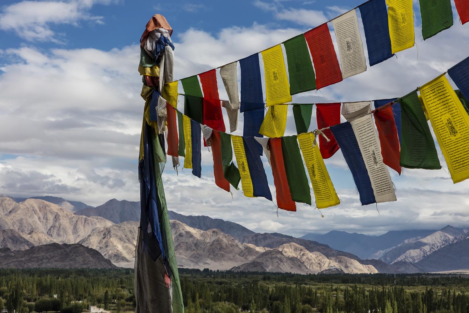 A view of the LEH VALLEY with prayer flags from SHEY GOMPA - LEH VALLEY, LADAKH