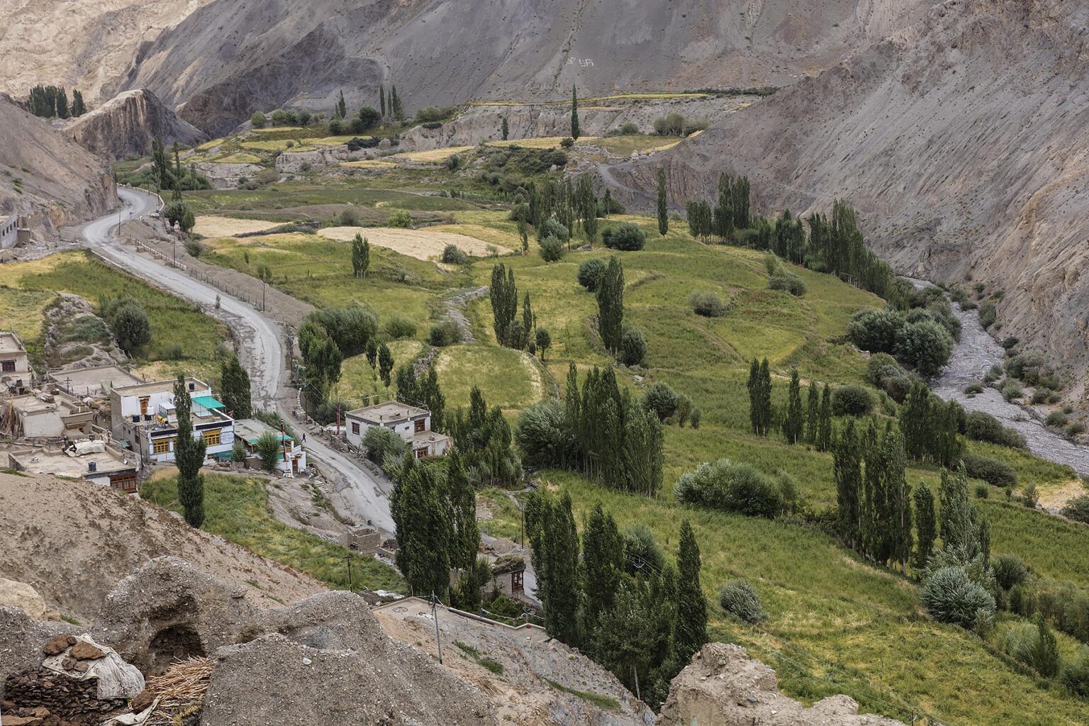 The fertile valley below LAMAYURU MONASTERY founded by NAROPA has provided food for local people for many centuries - LADAKH, INDIA