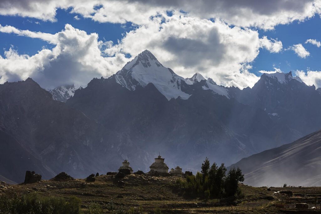 HIMALAYAN PEAKS and STUPAS an a ridge near KARSHA MONASTERY in the STOD RIVER VALLEY - ZANSKAR, LADAKH, INDIA