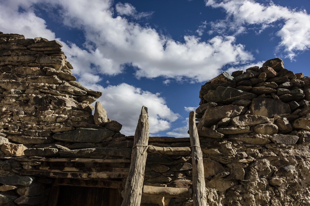 A traditional LADDER of a home near KARSHA GOMPA the largest Buddhist Monastery in the STOD RIVER VALLEY - ZANSKAR, LADAKH, INDIA