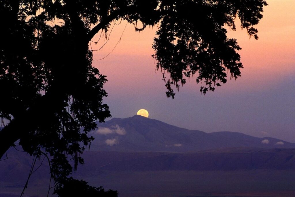 The FULL MOON sets as dawn breaks over NGORONGORO CRATER CONSERVATION AREA, TANZANIA