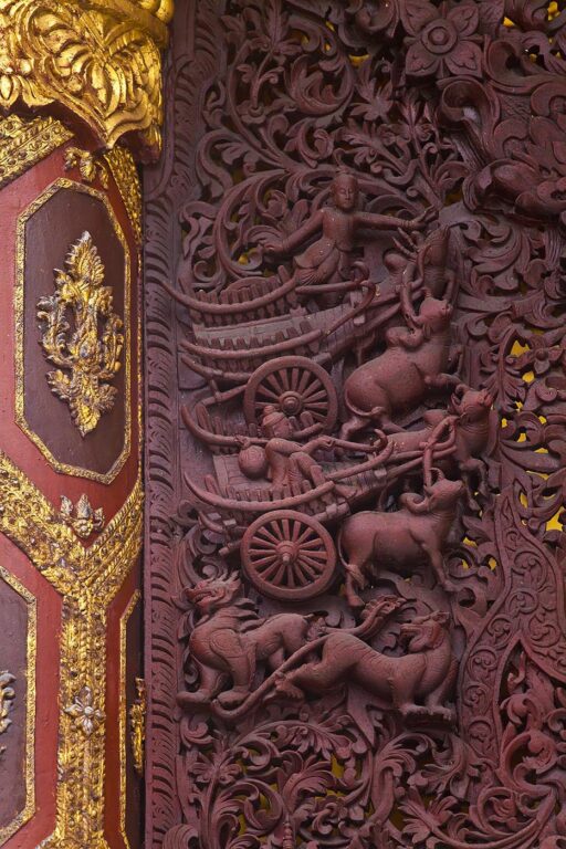 Hand carved WOODEN SUPPORT at the SHWEDAGON PAYA or PAGODA which dates from 1485 - YANGON, MYANAMAR