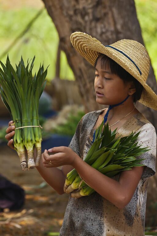 A young WOMAN selling plants at the YWAMA MARKET on the way to INDEIN - INLE LAKE, MYANMAR
