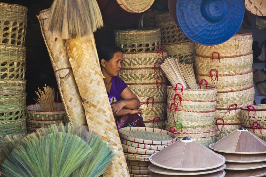 BAMBOO BROOMS, HATS and BASKETS are sold at the CENTRAL MARKET in KENGTUNG also known as KYAINGTONG - MYANMAR