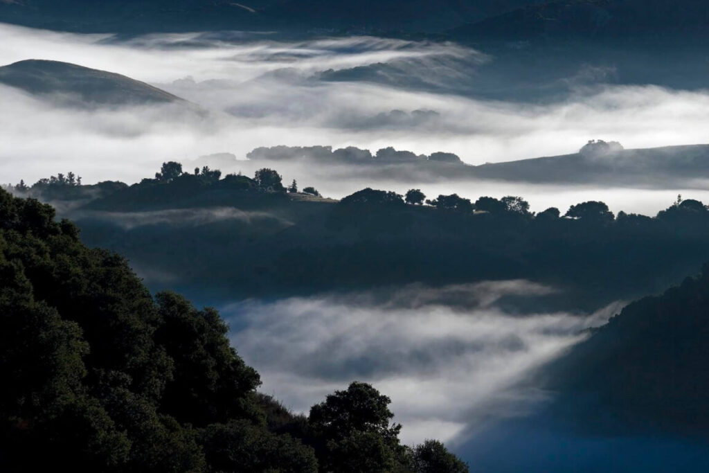 Early morning fog hangs in the low lands below Los Laureles Grade between Carmel Valley and the Salinas Valley - Coastal Mountain Range, California