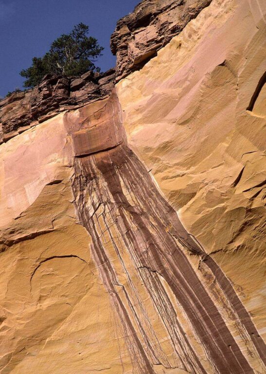 Runoff has stained the wall of ECHO CANYON, a natural amphitheater near the CHAMA RIVER - NEW MEXICO
