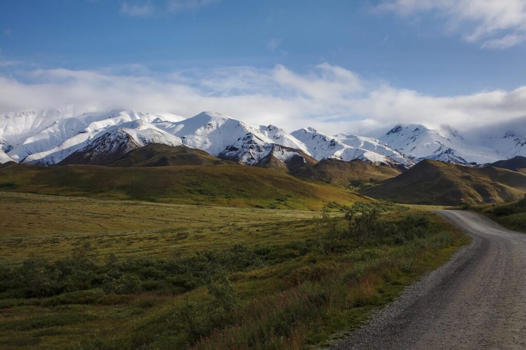 Terminal dust, or the first snow fall of winter, on the ALASKAN MOUNTAIN RANGE - DENALI NATIONAL PARK, ALASKA